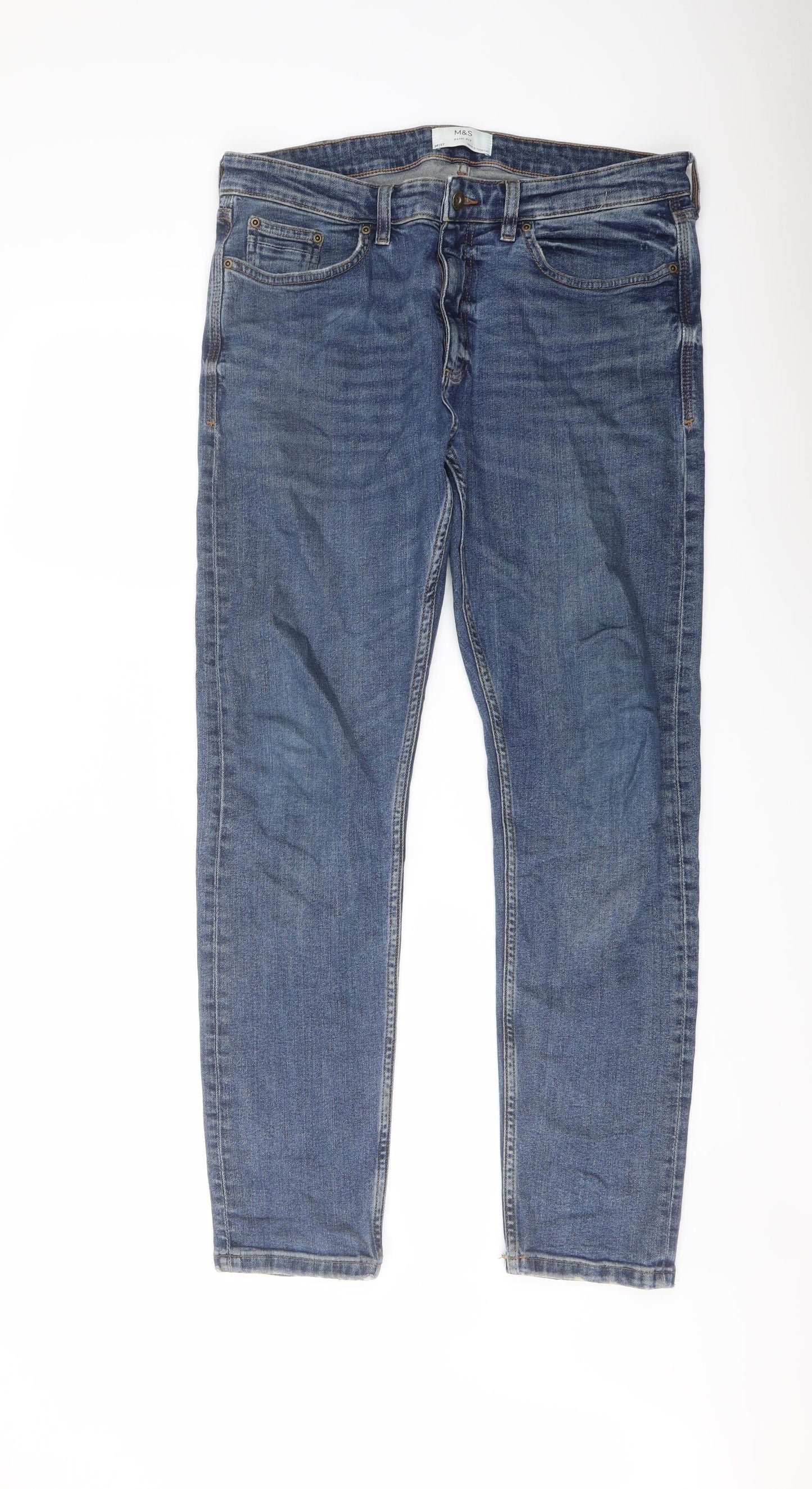 Marks and Spencer Mens Blue Cotton Straight Jeans Size 34 in L31 in Slim Button