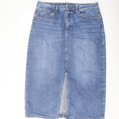 Marks and Spencer Womens Blue Cotton A-Line Skirt Size 14 Button