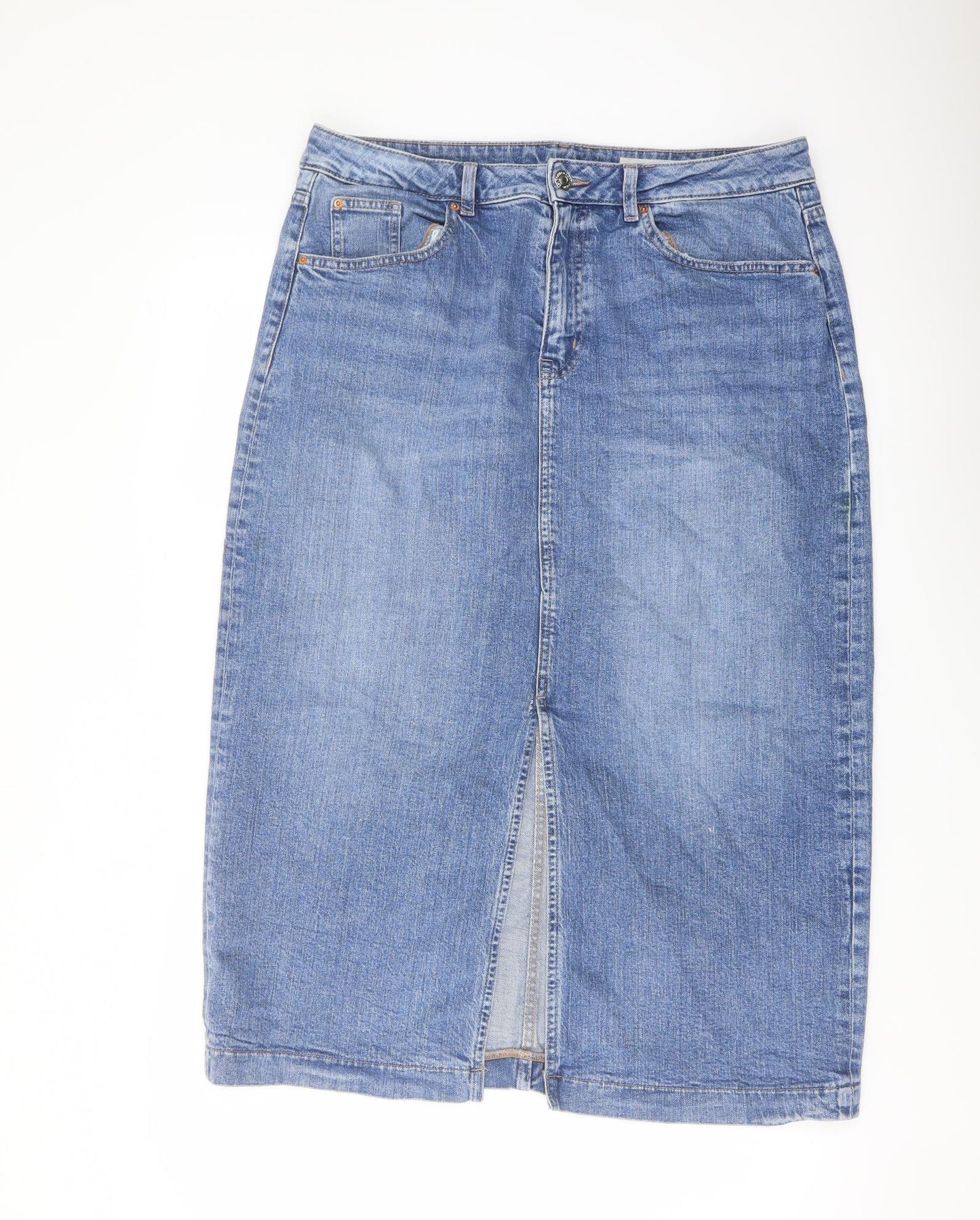 Marks and Spencer Womens Blue Cotton A-Line Skirt Size 14 Button