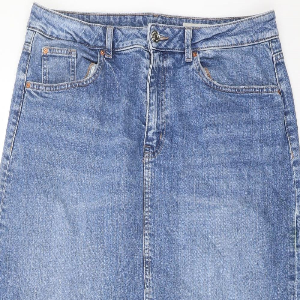 Marks and Spencer Womens Blue Cotton A-Line Skirt Size 14 Button