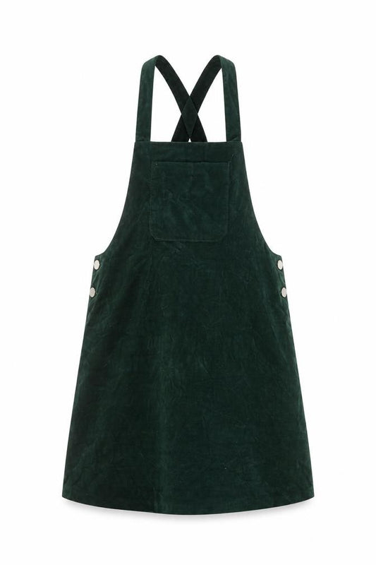 Front view of Zara women’s green cotton pinafore/dungaree dress, size S, square neck button