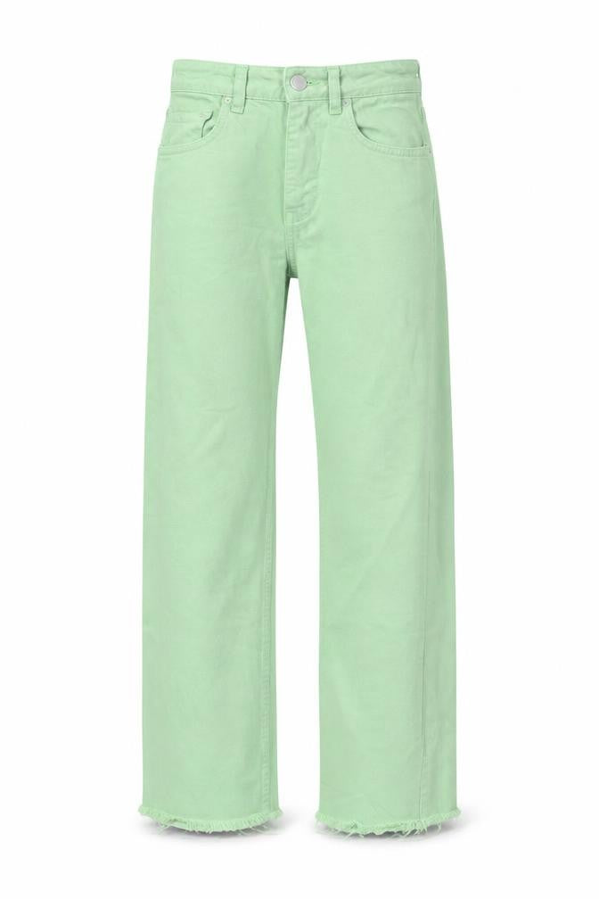 Front view of Zara women’s green cotton straight jeans, size UK 4, 25-inch leg regular button