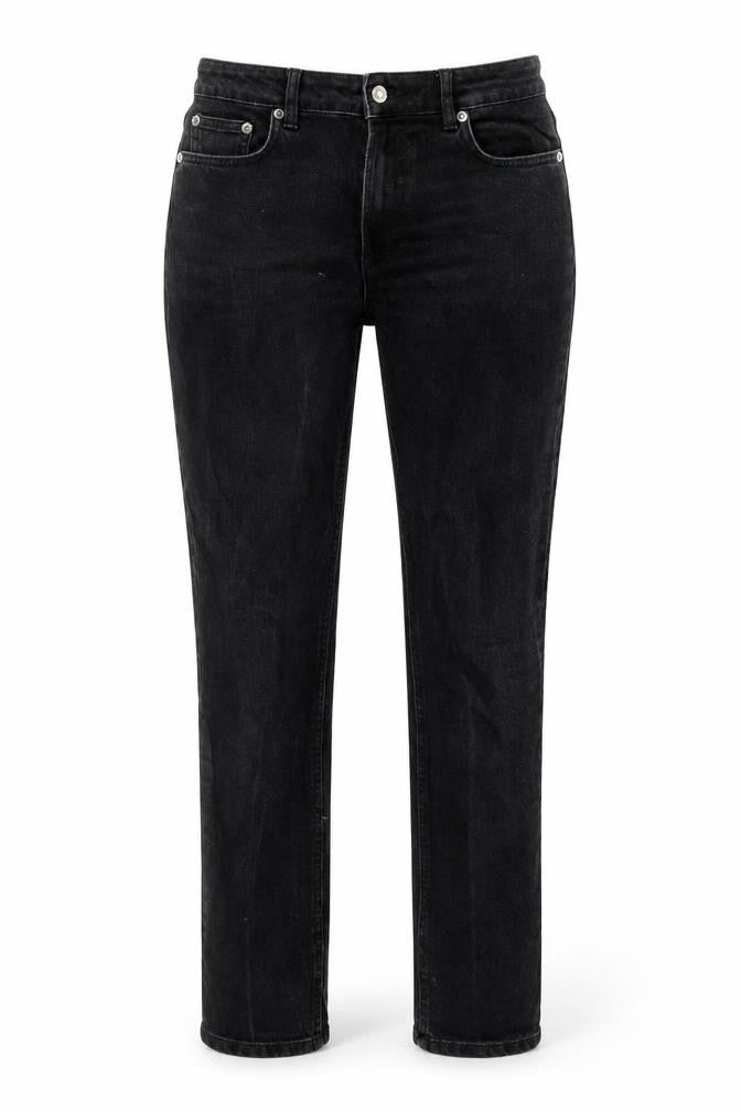 Front view of Zara women’s black cotton straight jeans, size UK 10, 32-inch leg regular button
