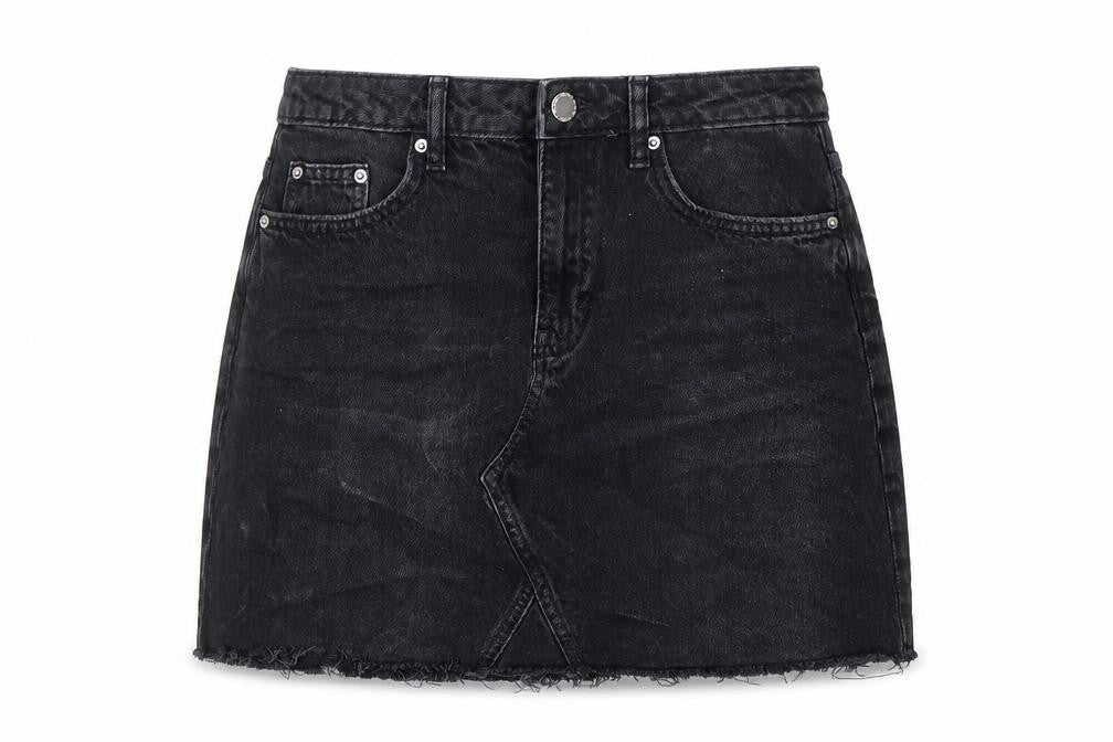 Front view of H&M women’s grey cotton a-line skirt, size UK 8, button