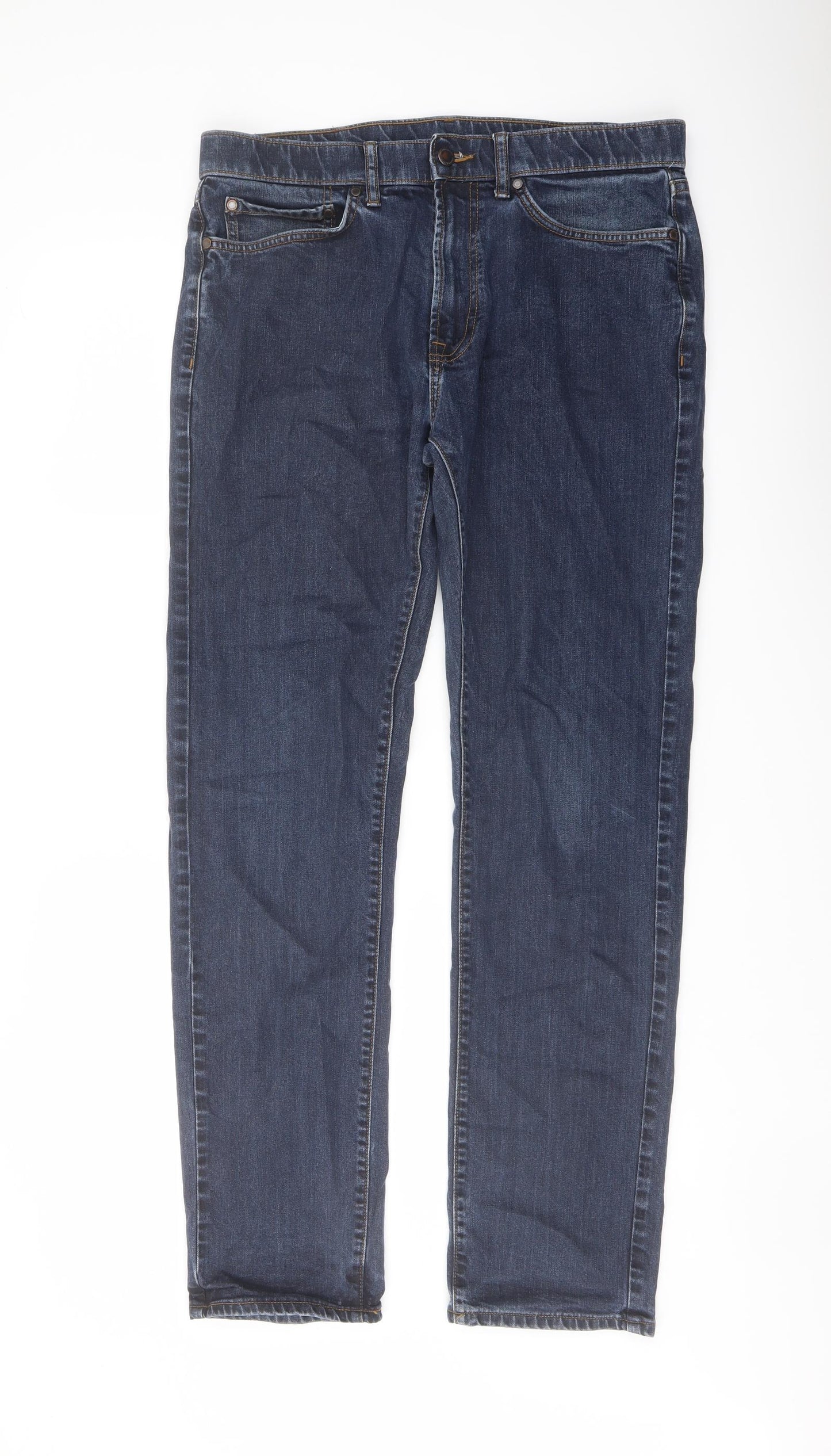 Marks and Spencer Mens Blue Cotton Tapered Jeans Size 34 in L33 in Regular Button