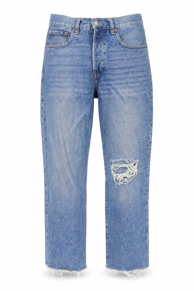 Front view of Mango women’s blue cotton mom jeans, size UK 10, 26-inch leg regular button