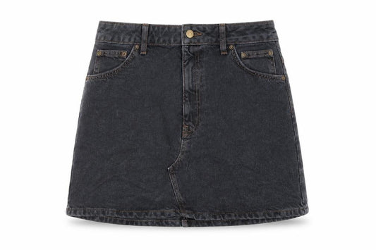 Front view of Topshop women’s blue cotton a-line skirt, size UK 12, button