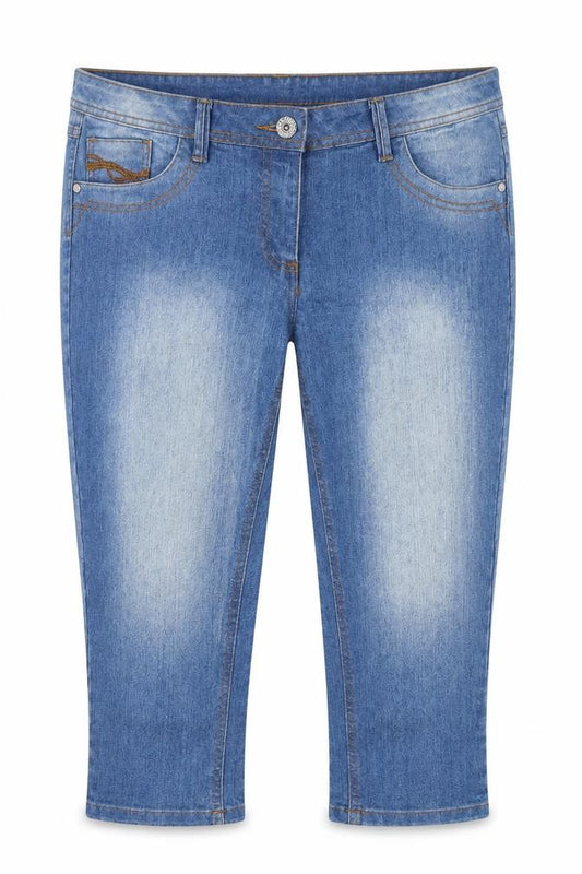 Front view of Dnmx Jeans women’s blue cotton cropped jeans, size UK 34, in, 20-inch leg regular zip