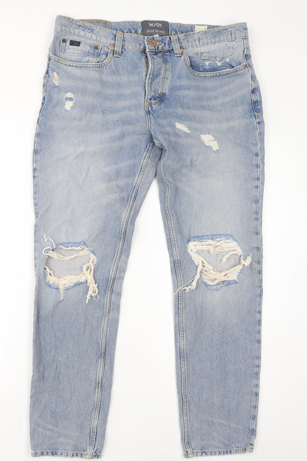 River Island Mens Blue Cotton Straight Jeans Size 34 in L32 in Regular Button