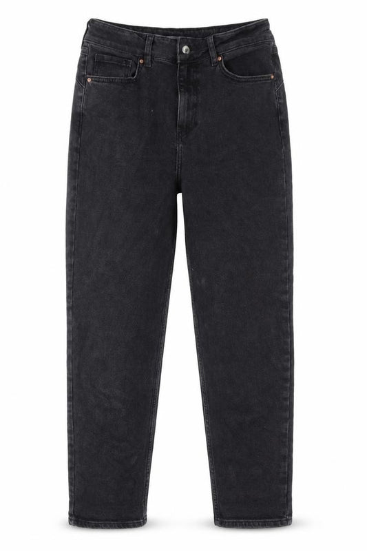 Front view of Denim & Co. women’s black cotton mom jeans, size UK 12, 28-inch leg regular zip