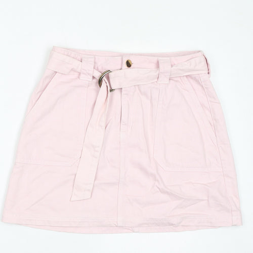 River Island Womens Pink Cotton A-Line Skirt Size 14 Zip - Belted