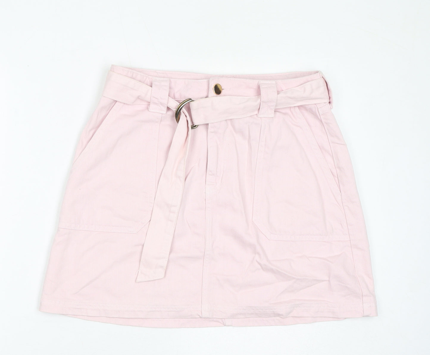 River Island Womens Pink Cotton A-Line Skirt Size 14 Zip - Belted