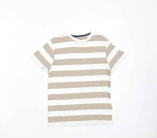 Marks and Spencer Boys Brown Striped Cotton Basic T-Shirt Size 8-9 Years Collared Pullover