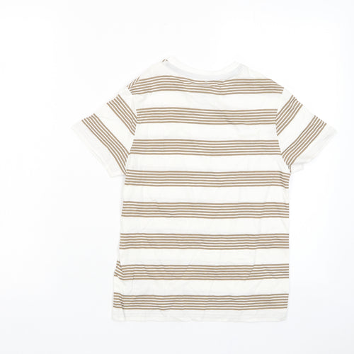 Marks and Spencer Boys Brown Striped Cotton Basic T-Shirt Size 8-9 Years Collared Pullover