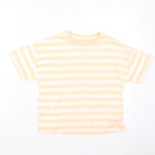 Marks and Spencer Boys Orange Striped Cotton Basic T-Shirt Size 11-12 Years Crew Neck Pullover