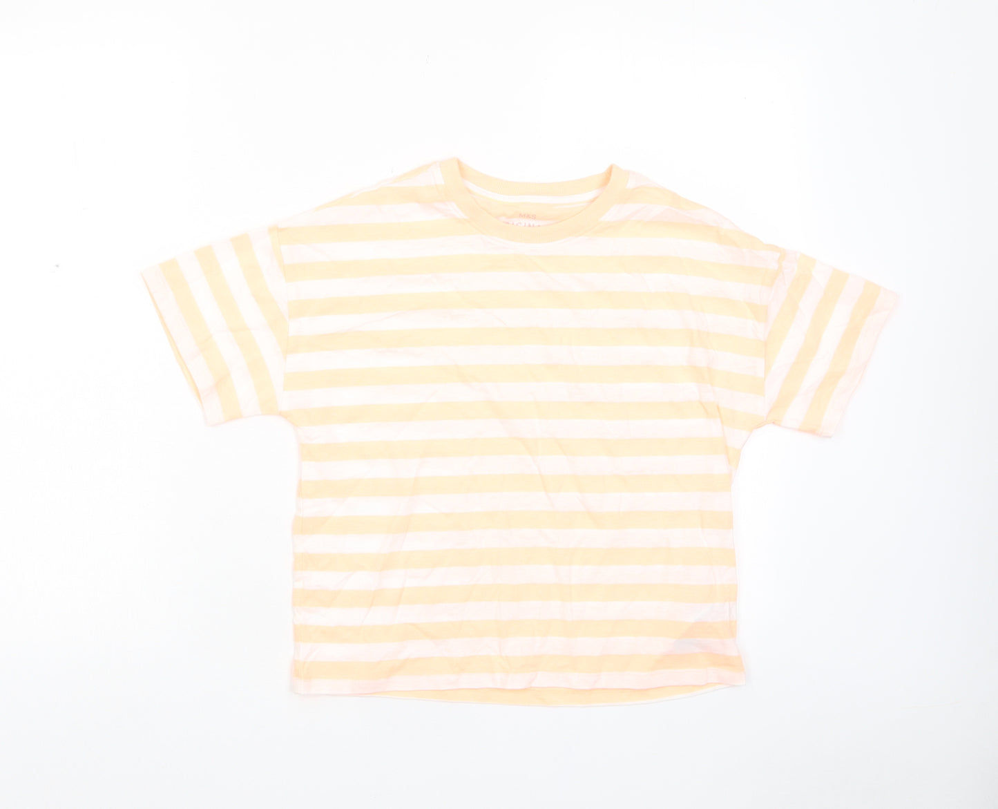 Marks and Spencer Boys Orange Striped Cotton Basic T-Shirt Size 11-12 Years Crew Neck Pullover