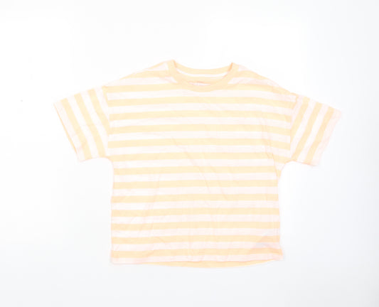 Marks and Spencer Boys Orange Striped Cotton Basic T-Shirt Size 11-12 Years Crew Neck Pullover