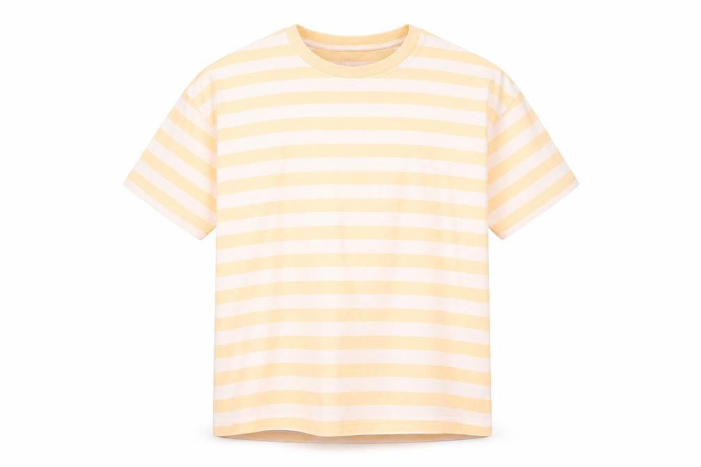 Front view of Marks & Spencer boys’ orange striped cotton basic t-shirt, size 11-12, years crew neck pullover