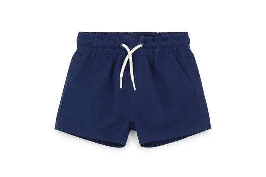 Front view of Marks & Spencer boys’ blue polyester cropped trousers, size 3-6, months drawstring - swim shorts