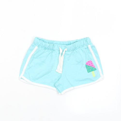 Marks and Spencer Girls Blue Cotton Sweat Shorts Size 5-6 Years Regular Drawstring - Ice Lollie