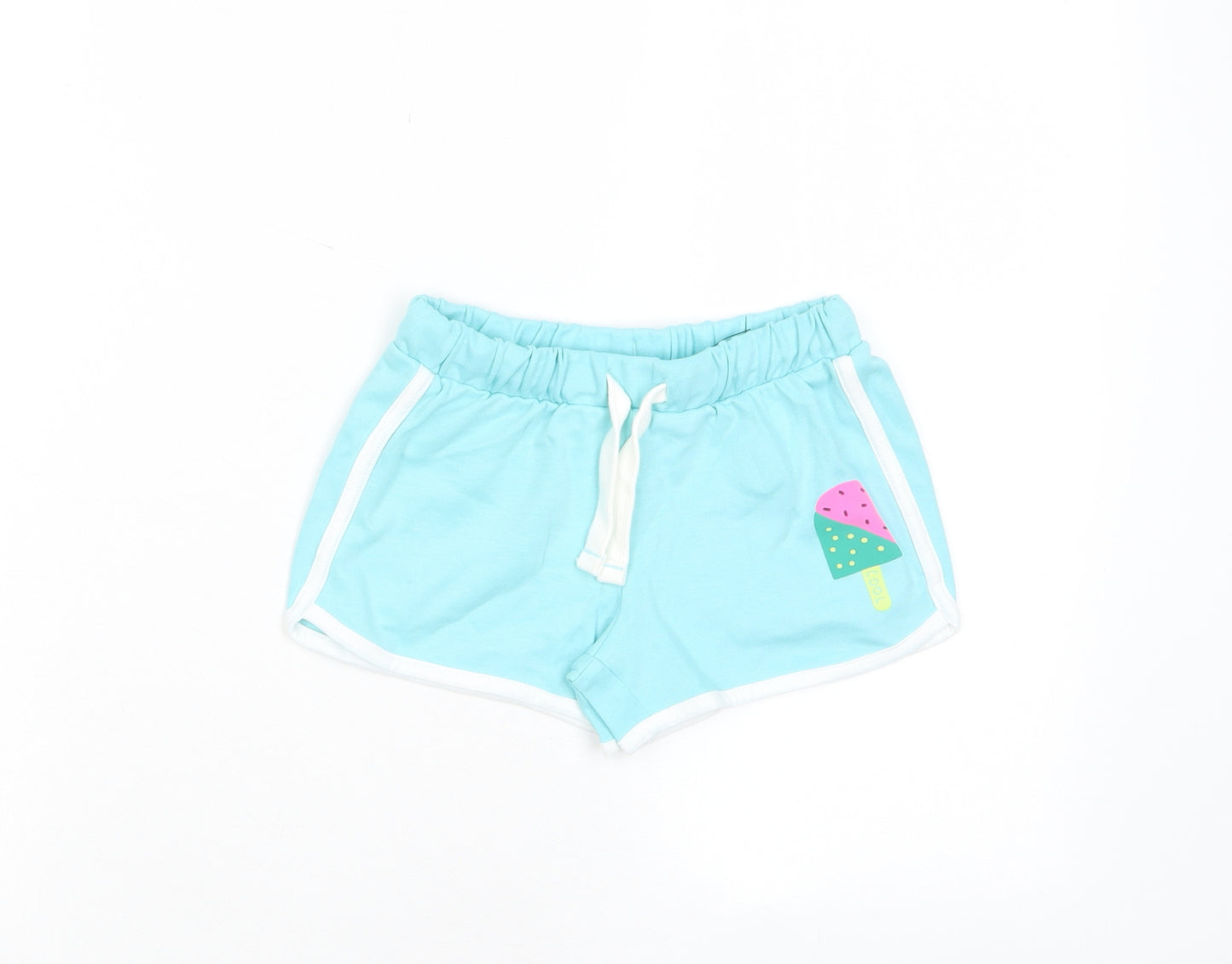 Marks and Spencer Girls Blue Cotton Sweat Shorts Size 5-6 Years Regular Drawstring - Ice Lollie