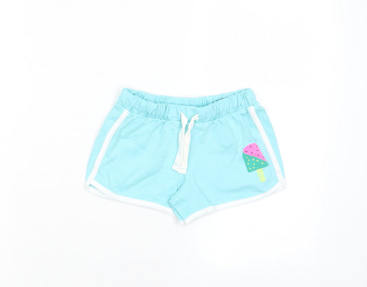 Marks and Spencer Girls Blue Cotton Sweat Shorts Size 5-6 Years Regular Drawstring - Ice Lollie