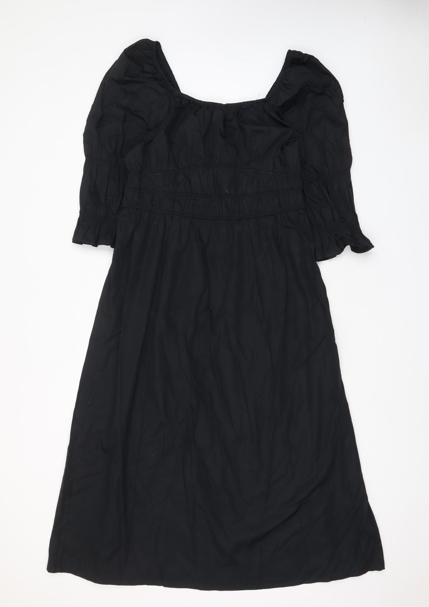 Marks and Spencer Womens Black Cotton A-Line Size 16 Scoop Neck Pullover - Pleated