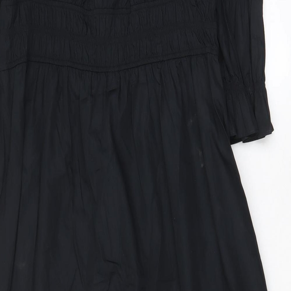 Marks and Spencer Womens Black Cotton A-Line Size 16 Scoop Neck Pullover - Pleated