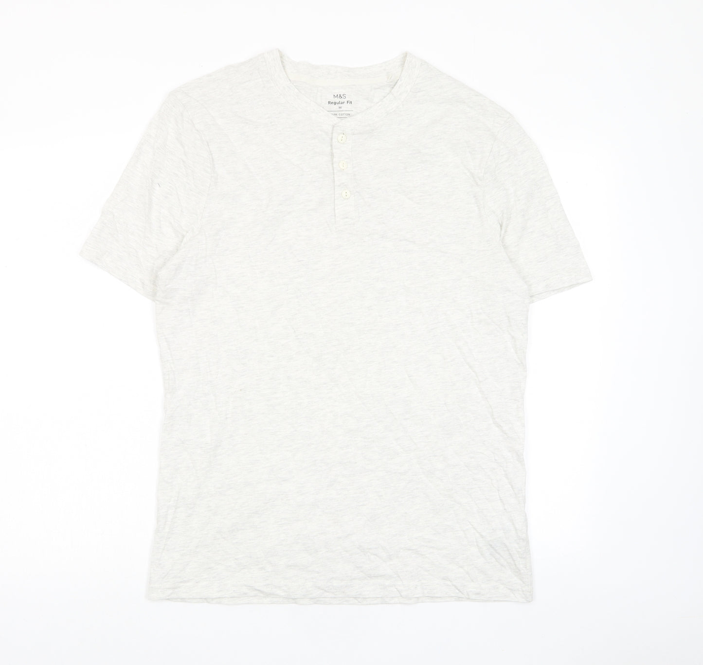 Marks and Spencer Mens Grey Cotton T-Shirt Size M Henley