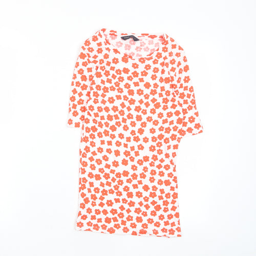 Marks and Spencer Womens Red Floral Cotton Basic T-Shirt Size 6 Crew Neck