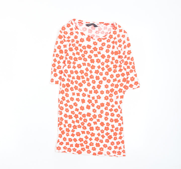 Marks and Spencer Womens Red Floral Cotton Basic T-Shirt Size 6 Crew Neck