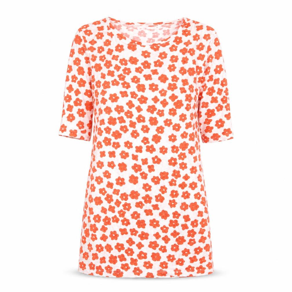 Front view of Marks & Spencer women’s red floral cotton basic t-shirt, size UK 6, crew neck