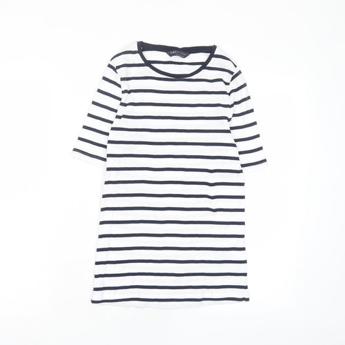 Marks and Spencer Womens White Striped Cotton Basic T-Shirt Size 10 Crew Neck