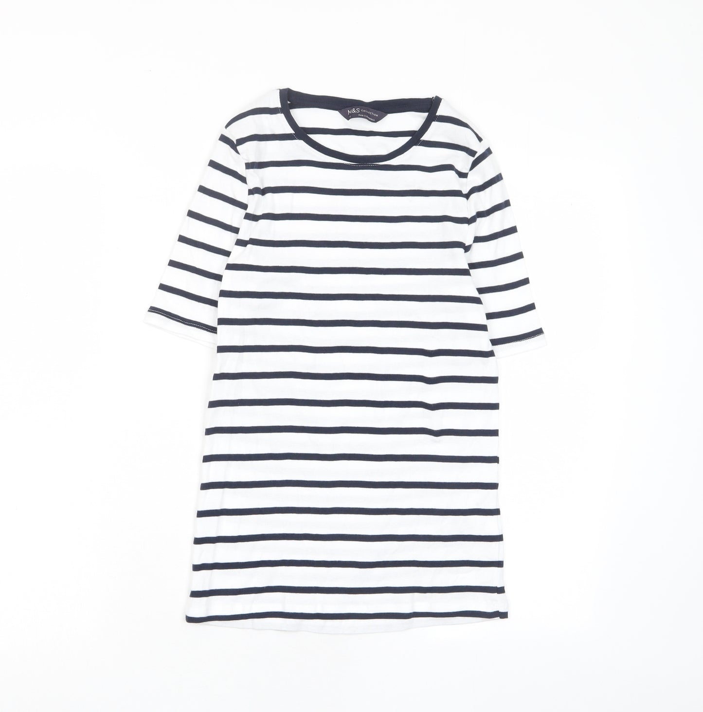 Marks and Spencer Womens White Striped Cotton Basic T-Shirt Size 10 Crew Neck
