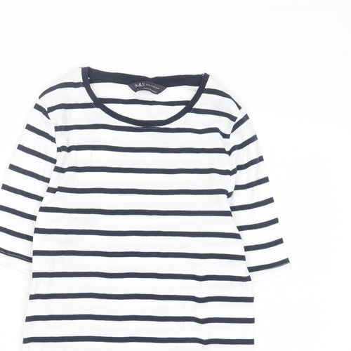Marks and Spencer Womens White Striped Cotton Basic T-Shirt Size 10 Crew Neck