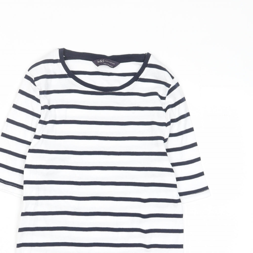 Marks and Spencer Womens White Striped Cotton Basic T-Shirt Size 10 Crew Neck