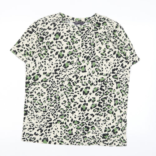 Marks and Spencer Womens Green Animal Print Cotton Basic T-Shirt Size 10 Crew Neck