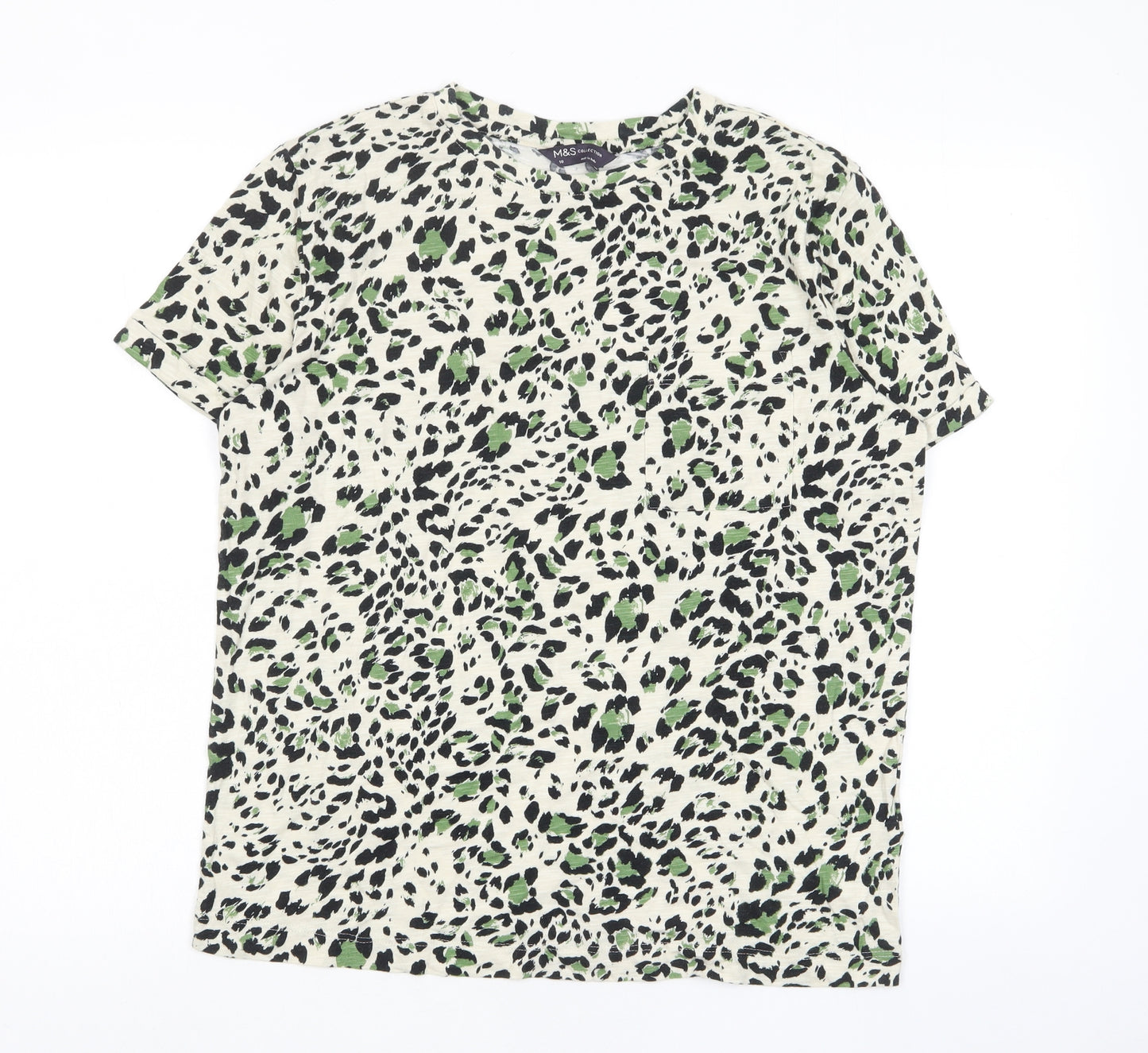 Marks and Spencer Womens Green Animal Print Cotton Basic T-Shirt Size 10 Crew Neck