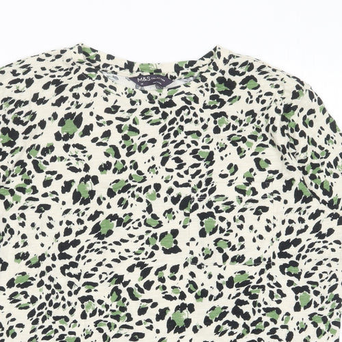 Marks and Spencer Womens Green Animal Print Cotton Basic T-Shirt Size 10 Crew Neck