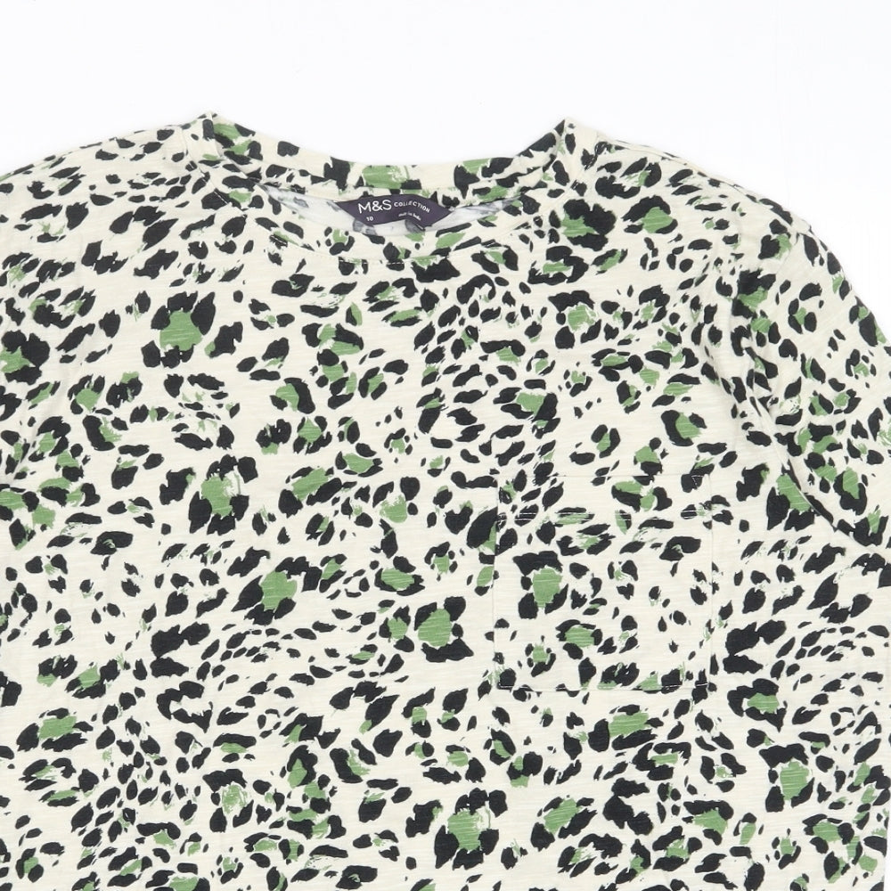 Marks and Spencer Womens Green Animal Print Cotton Basic T-Shirt Size 10 Crew Neck