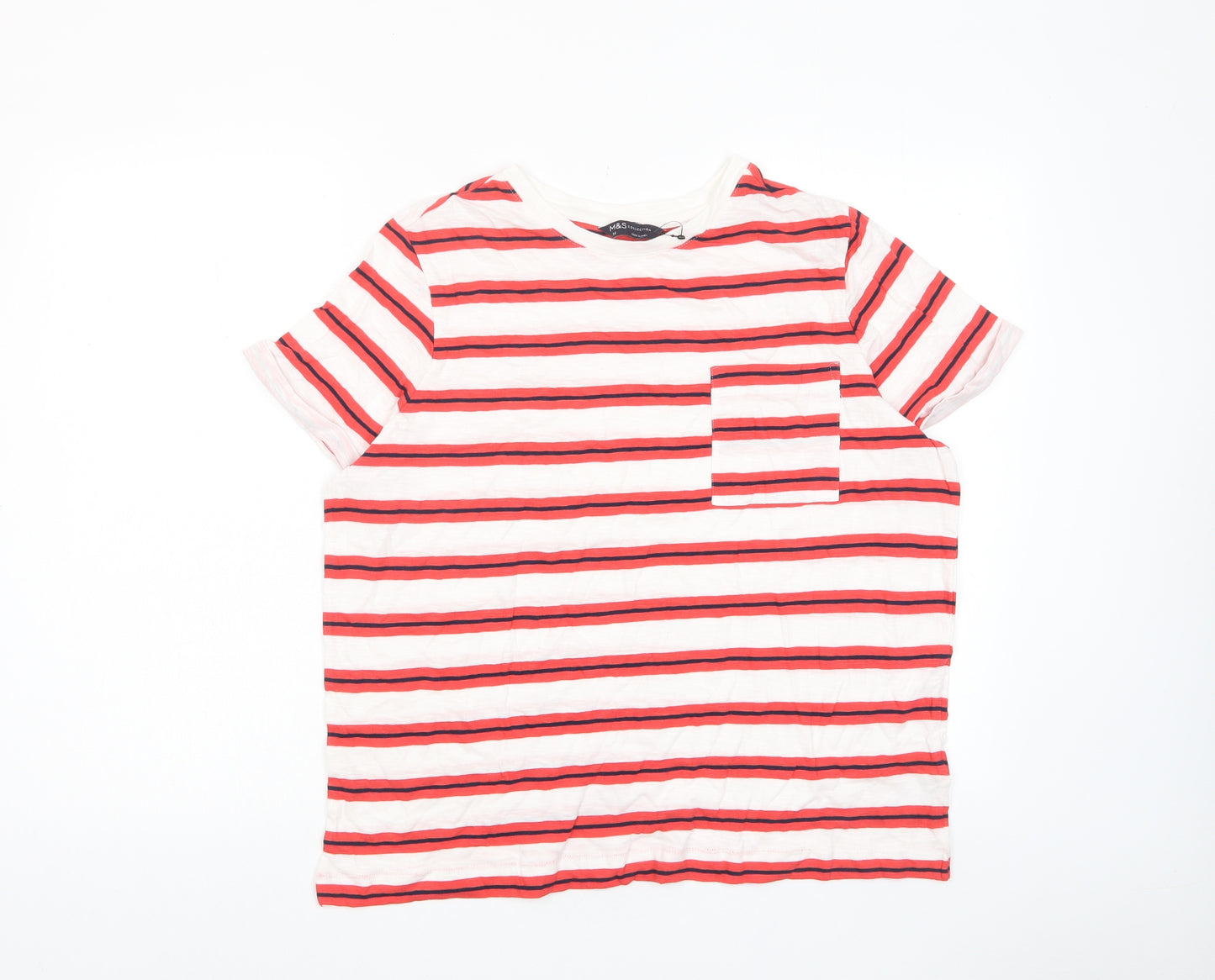 Marks and Spencer Womens Red Striped Cotton Basic T-Shirt Size 14 Crew Neck - Pocket