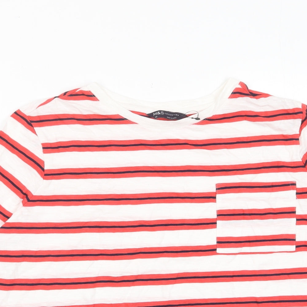 Marks and Spencer Womens Red Striped Cotton Basic T-Shirt Size 14 Crew Neck - Pocket