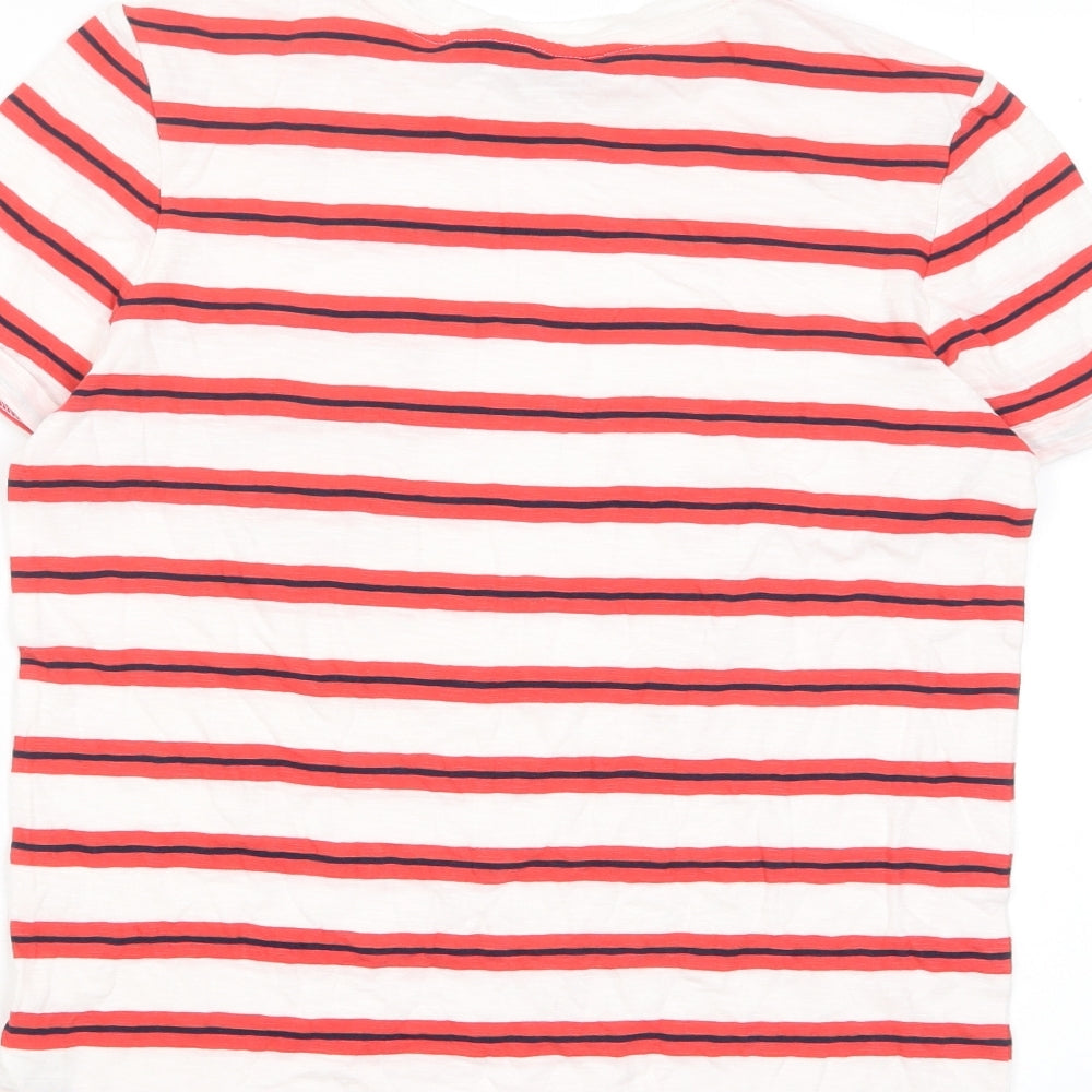 Marks and Spencer Womens Red Striped Cotton Basic T-Shirt Size 14 Crew Neck - Pocket