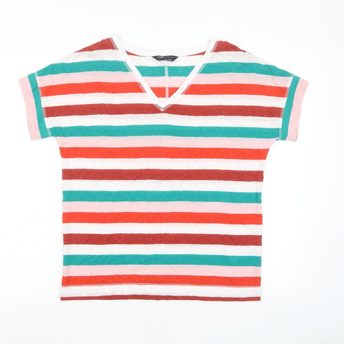 Marks and Spencer Womens Multicoloured Striped Linen Basic T-Shirt Size 8 Crew Neck