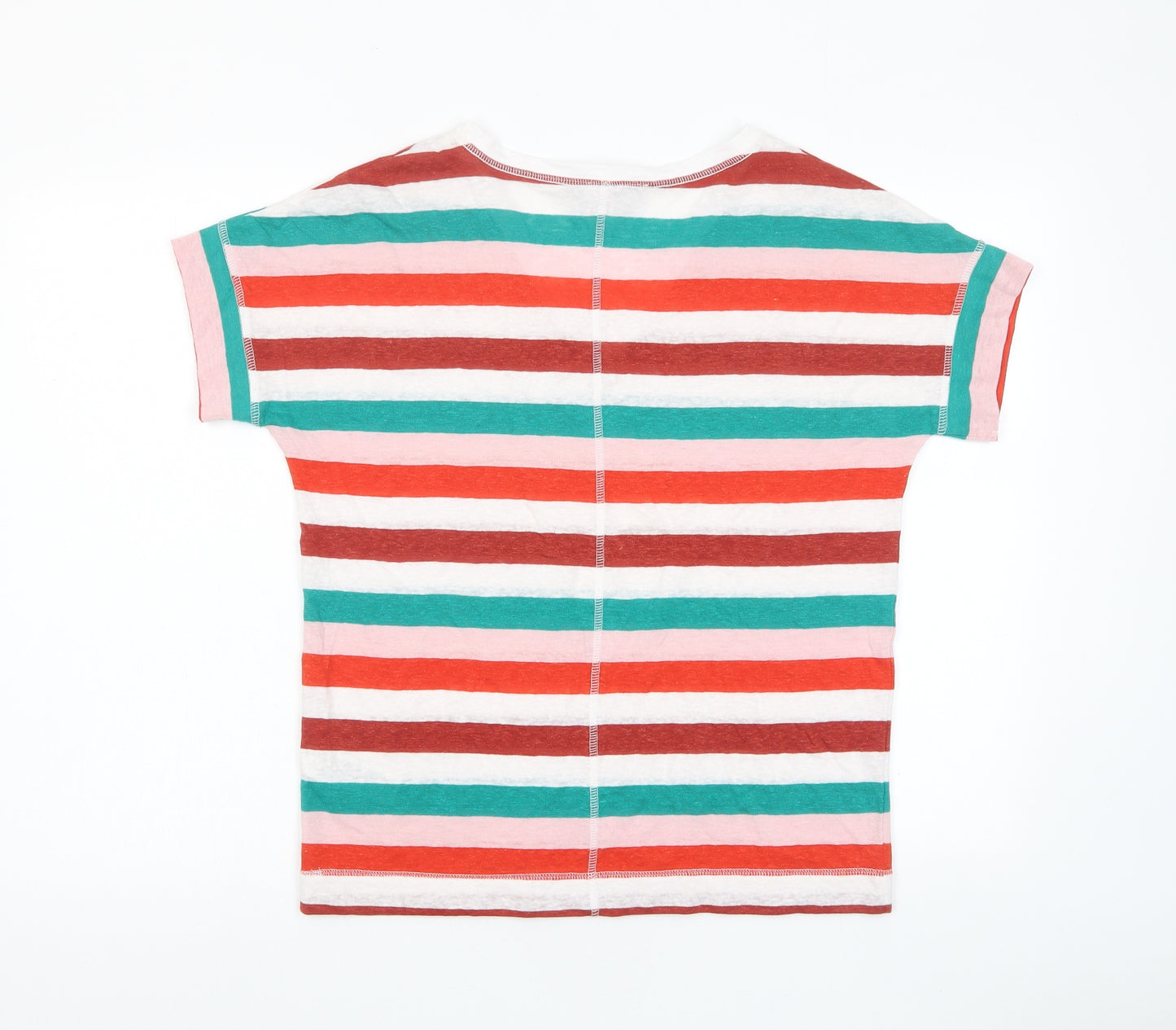 Marks and Spencer Womens Multicoloured Striped Linen Basic T-Shirt Size 8 Crew Neck