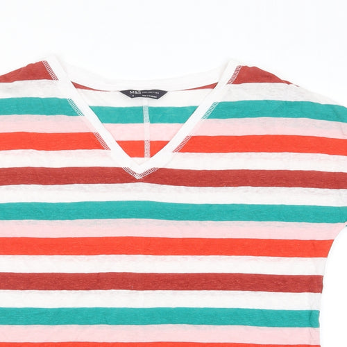 Marks and Spencer Womens Multicoloured Striped Linen Basic T-Shirt Size 8 Crew Neck