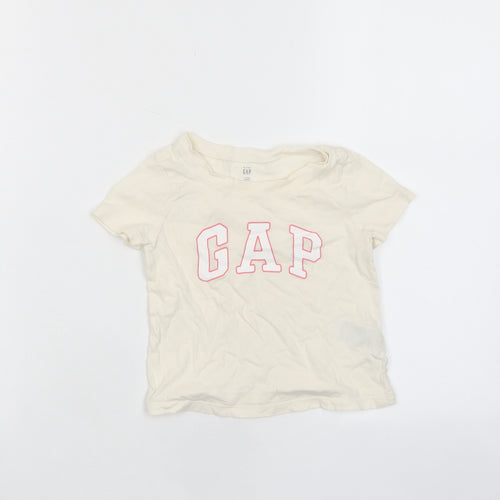 Gap Boys Beige Cotton Basic T-Shirt Size 2 Years Crew Neck Pullover - Logo