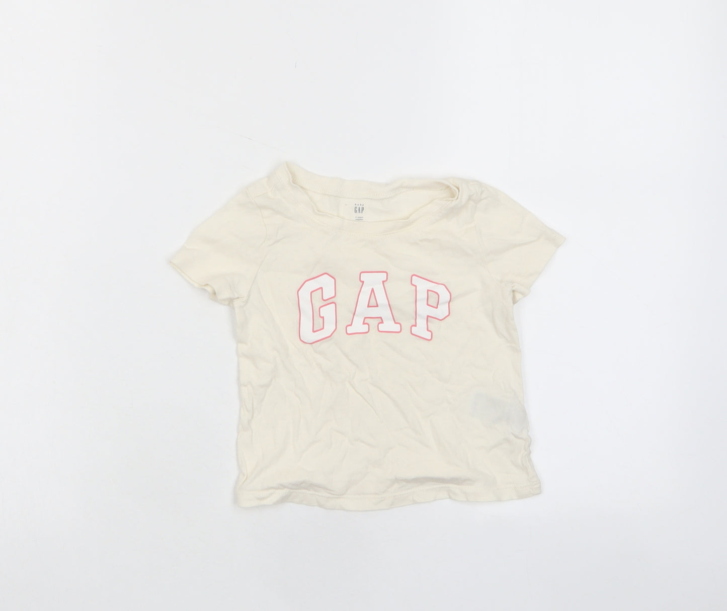 Gap Boys Beige Cotton Basic T-Shirt Size 2 Years Crew Neck Pullover - Logo