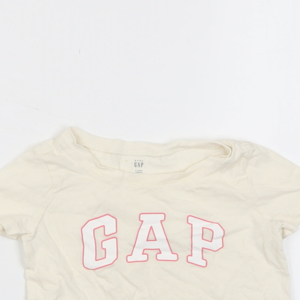 Gap Boys Beige Cotton Basic T-Shirt Size 2 Years Crew Neck Pullover - Logo