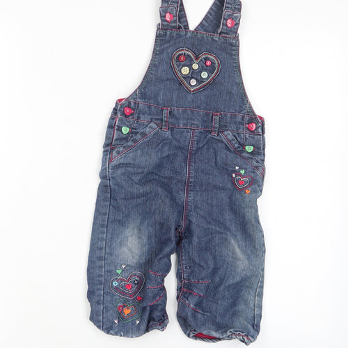 Ti Girls Blue Cotton Dungaree One-Piece Size 12-18 Months Button - Buttons, Heart, Embroided